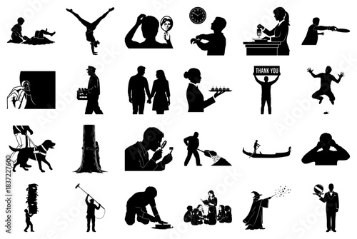 Collection of Silhouetted People Engaged in Various Activities Keywords: silhouette, person