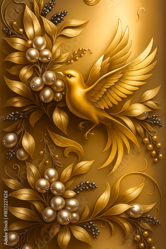 abstract golden background with a grape branch and a flying golden bird