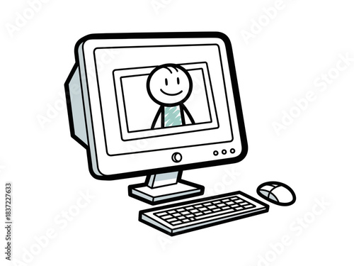 Simple computer setup with monitor, keyboard, and mouse displaying a cartoon character.
