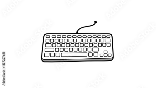 Simple black and white illustration of a wired computer keyboard.