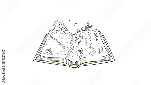 An open book with a hand drawn map inside with various landmarks and symbols.