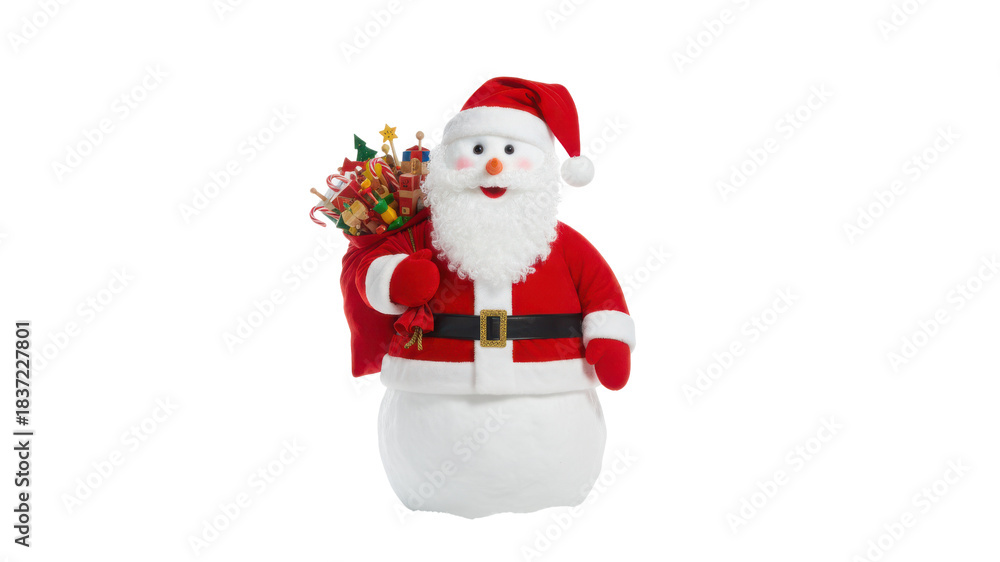 Obraz premium Isolated Christmas Santa Claus Decoration Figure with Red Suit, White Beard, and Gift Sack on White Background