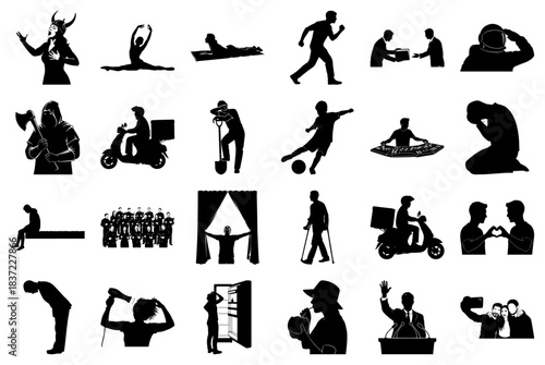 Diverse Silhouettes of People in Various Poses and Actions Keywords: silhouette, person, man