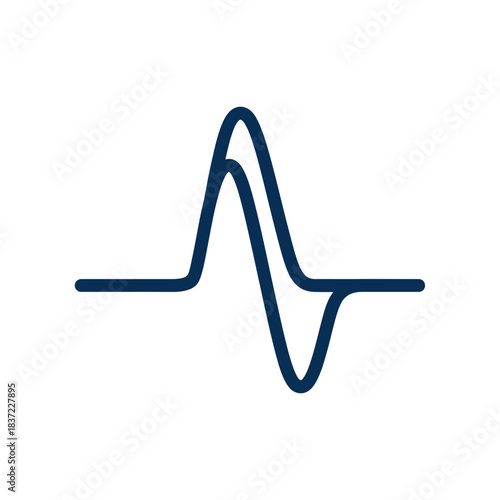 A minimalist dark blue line drawing depicting a wave or pulse signal, possibly representing sound, frequency, or data.