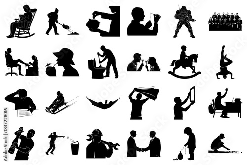 Silhouette collection of people in various domestic and recreational scenes