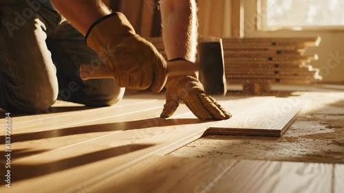 Worker install wood floor home renovation project