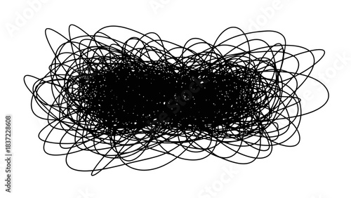 Chaotic tangle of black lines on white background representing confusion and complexity
