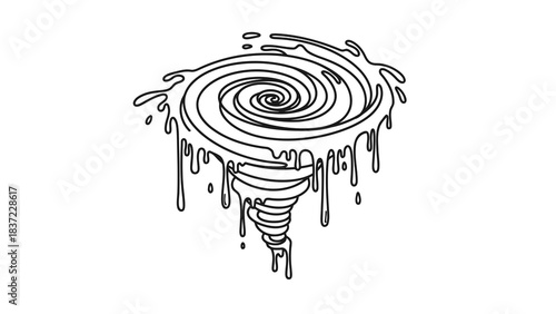 Abstract swirling vortex with dripping liquid in monochrome line art style.