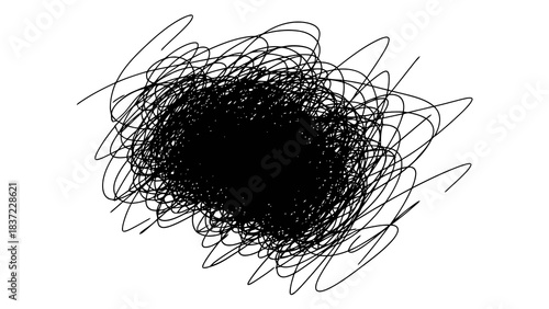 Chaotic black scribble pattern on white background, abstract art and design