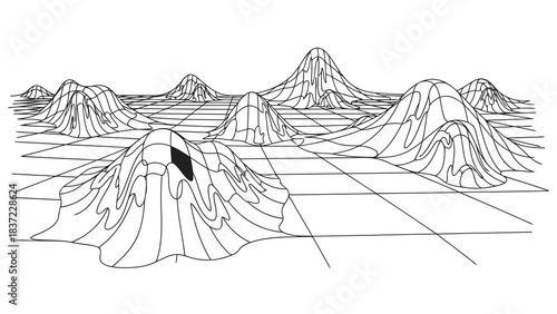 Wireframe landscape of abstract, flowing mountains and valleys on a grid.