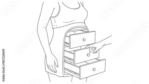 Pregnant woman's belly transformed into a dresser with drawers being opened by hand