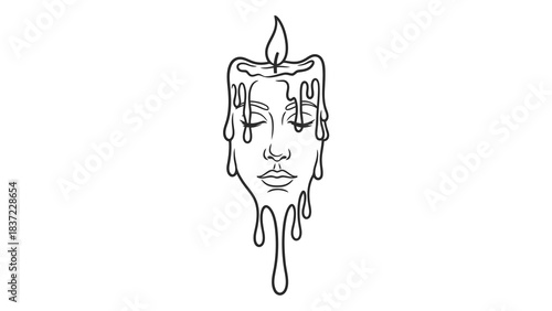 Melting candle with a human face drawing, abstract line art and symbolic concept illustration