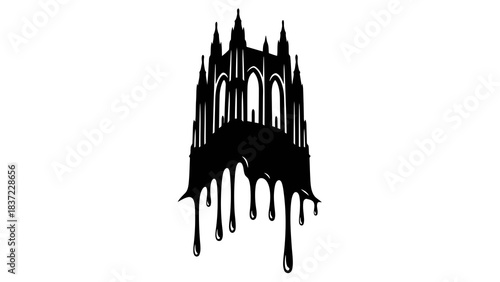 Gothic building silhouette with dripping effect, evoking mystery and decay in black and white