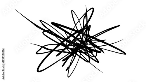 Abstract black ink scribble on white background, chaotic lines forming a dynamic energetic pattern