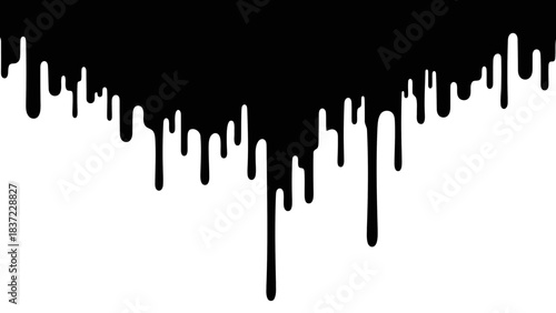 Black paint dripping down, abstract graphic design element, isolated on white background