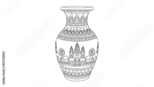 Ornate vase with angkor wat temple motif and intricate decorative borders, isolated outline.