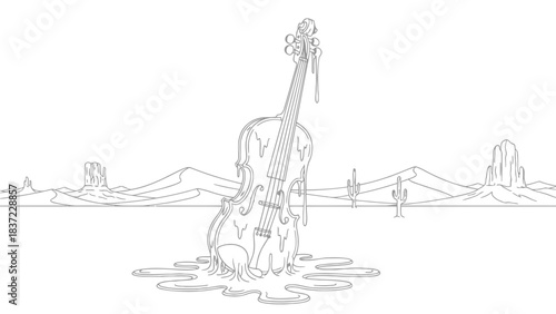 Melting violin in desert landscape with mesas and cacti, line art style