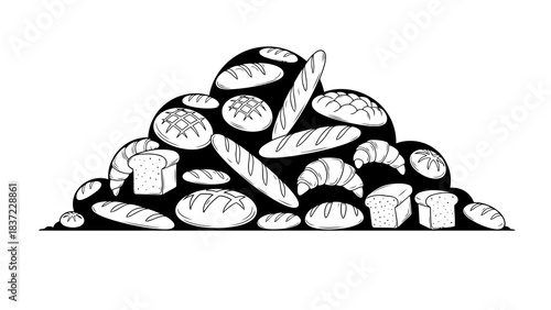 Assorted baked goods including bread, baguettes, and croissants in a scattered pile.