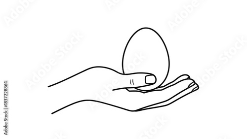 Line art drawing of a hand holding a single egg on a plain white background.