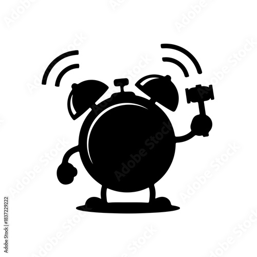 Cute alarm clock cartoon character ringing silhouette, vector art