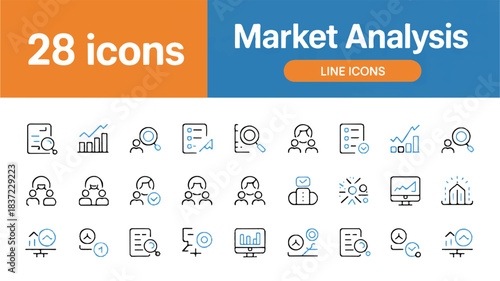 Set of 28 market analysis and business analytics line art icons in grid layout
