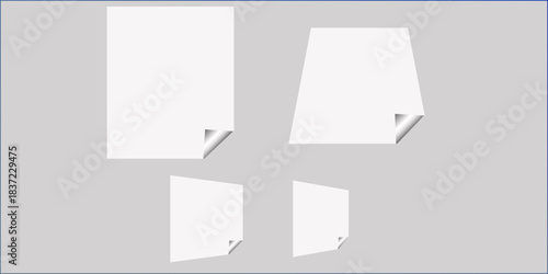 Square white sticky note paper pack, cut out. Empty oblong sticky label mockup with curl. Clear adherent tag template for glass door or wall. Random shifted white cube boxes block background . vector.