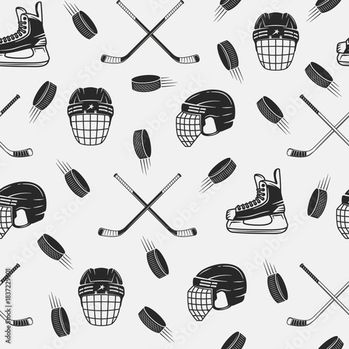Ice Hockey seamless pattern. Vintage Hockey Helmets, Cues, ice skates and pucks icons isolated on white background. Vector illustration