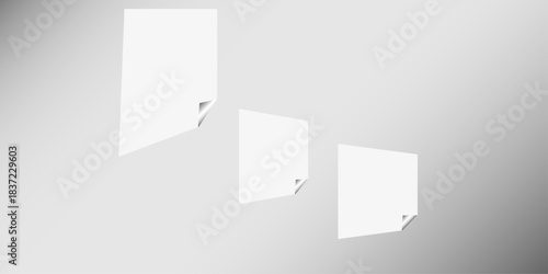 Square white sticky note paper pack, cut out. Empty oblong sticky label mockup with curl. Clear adherent tag template for glass door or wall. Random shifted white cube boxes block background . vector.