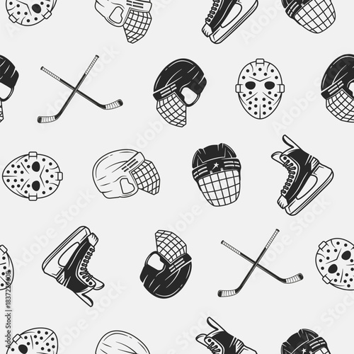 Ice Hockey Background. Ice Hockey seamless pattern. Vintage Hockey Helmets, Cues icons isolated on white background. Vector illustration
