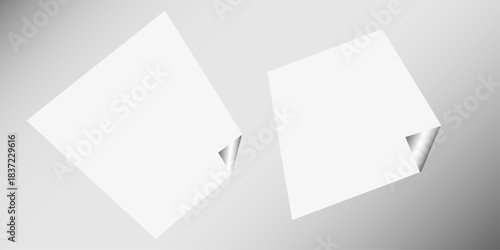 Square white sticky note paper pack, cut out. Empty oblong sticky label mockup with curl. Clear adherent tag template for glass door or wall. Random shifted white cube boxes block background . vector.