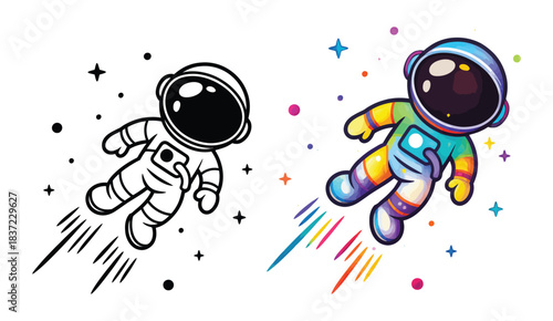 Adorable cartoon astronaut character floating through starry sky with colorful speed trails depicted in outline and full color styles