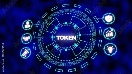 Token Network Interface with World Map and Business Icons in Neon Blue digital token blockchain
