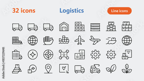 Logistics and supply chain management line icons grid
