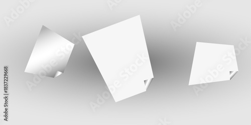 Square white sticky note paper pack, cut out. Empty oblong sticky label mockup with curl. Clear adherent tag template for glass door or wall. Random shifted white cube boxes block background . vector.