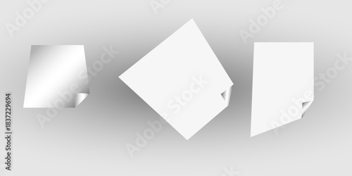 Square white sticky note paper pack, cut out. Empty oblong sticky label mockup with curl. Clear adherent tag template for glass door or wall. Random shifted white cube boxes block background . vector.