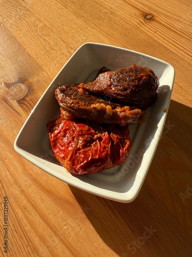 Dried eggplant stuffed with rice, tomato and olive oil known as dolma.