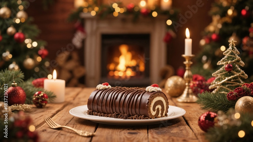 Chocolate yule log cake on wooden table with Christmas decorations on fireplace background