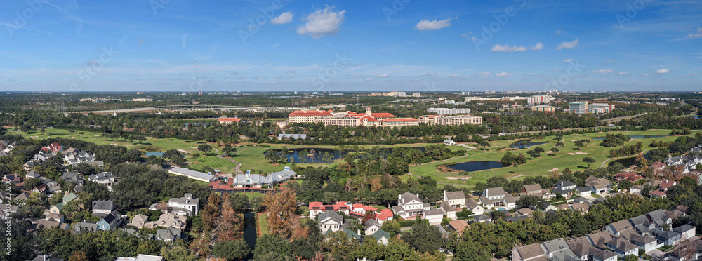 Naklejka premium Aerial panoramic view of Celebration, Florida, USA. December 3, 2025. South of Orlando, FL.