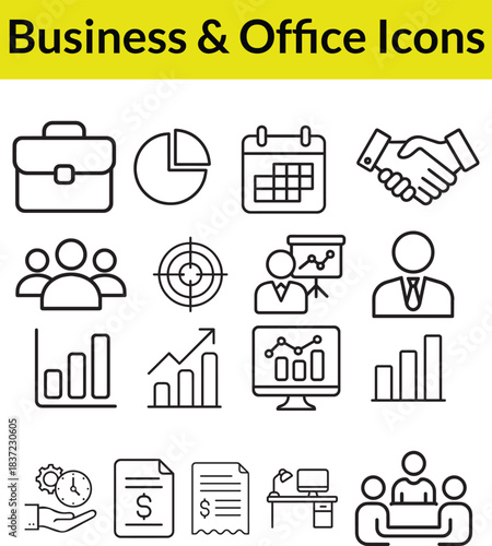 Office and Business Outline Icons – Workplace, Documents, Tools, Teamwork Pack