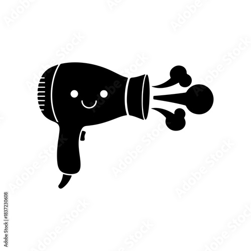 Cute hair dryer cartoon character blowing air silhouette, vector art 