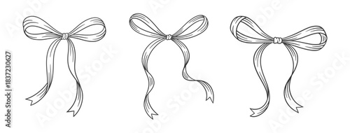 Coquette bows set. Black line art sketches of vintage tied ribbons. Birthday, Wedding, Christmas, Valentine's gift in retro style. Girly hairstyle accessories, vector illustration. Doodle lace.