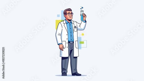 Scientist in lab coat holding test tube with blue liquid.