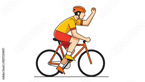 Cyclist winning a race on a bicycle with fist raised