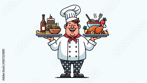 Smiling chef cartoon character proudly presents a diverse selection of delicious food.