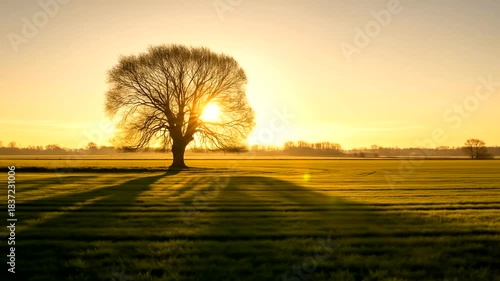 Golden Hour Serenity - A Lone Tree Bathed in Sunlights Embrace.
