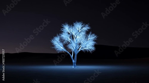 Glowing Blue Tree in Dark Landscape with Atmospheric Lighting.