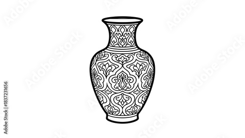 Antique ornate vase outline on white background, intricate floral pattern, isolated vector graphic