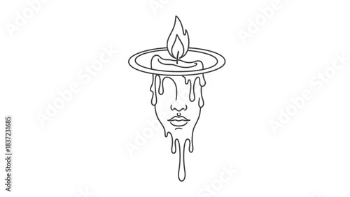 Melting face with burning candle on head, surreal and abstract line art illustration