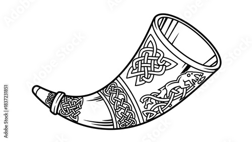 Ancient viking drinking horn illustration with intricate celtic knotwork and animal motifs