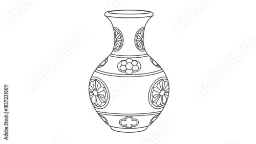 Outline drawing of a decorative ceramic vase with floral motifs and geometric patterns